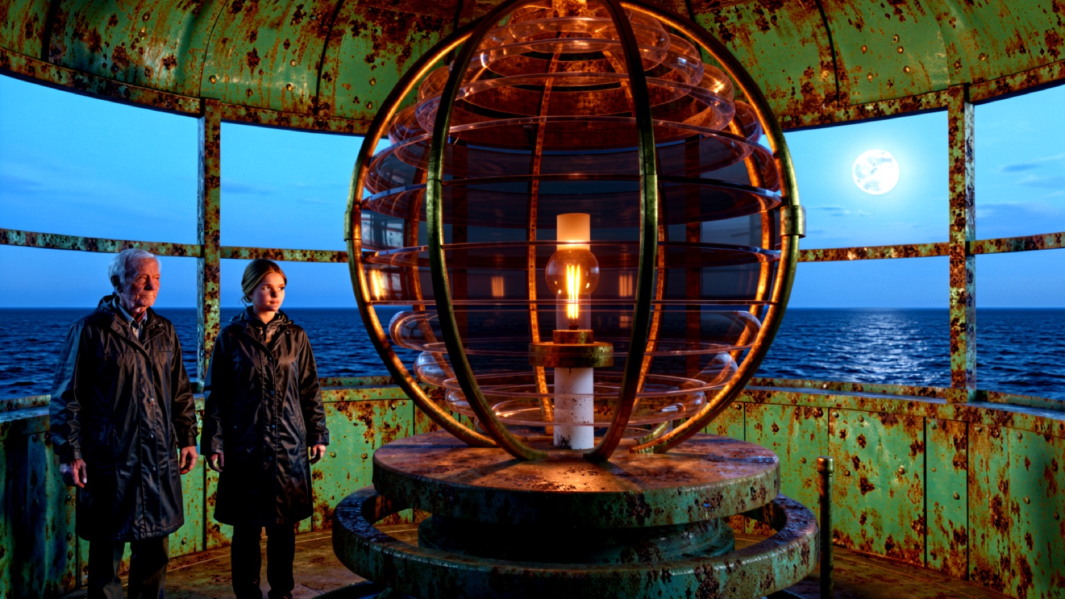 Photoreal frame of two people beside a Fresnel lens in a lighthouse lamp room at dusk