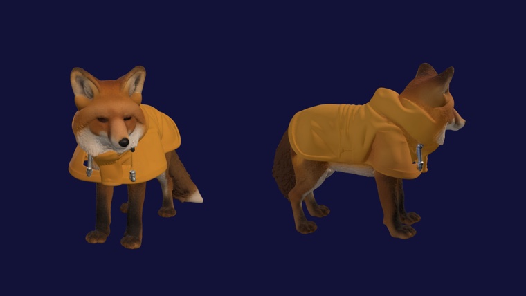 Two views of a reconstructed fox mesh wearing a yellow raincoat