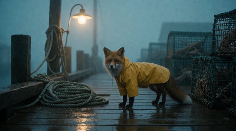 A fox in a yellow raincoat on a wet harbour pier, the source plate