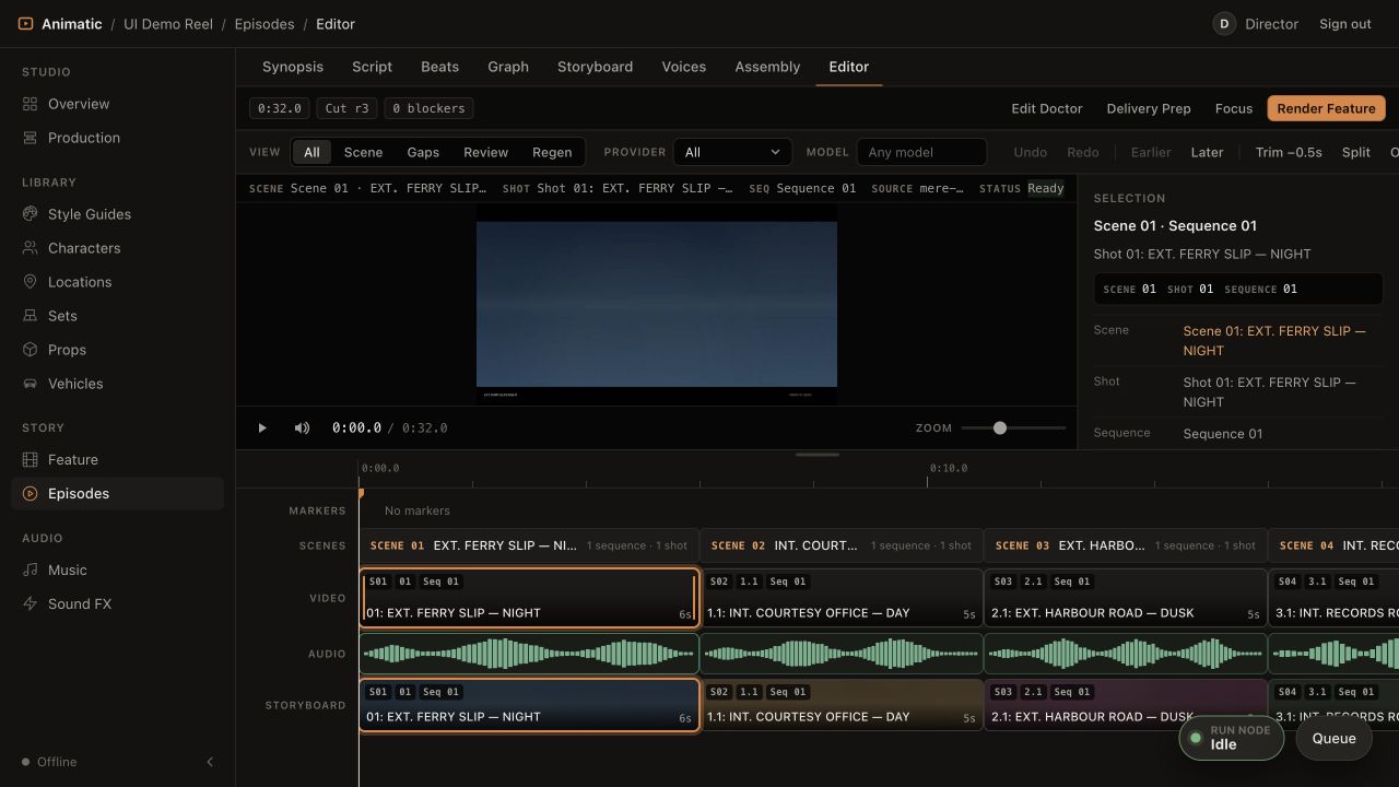 Animatic editor with a six-scene video, audio, and storyboard cut