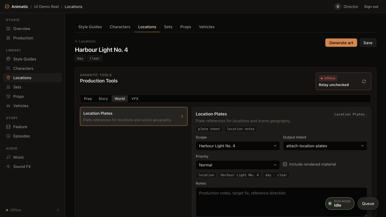 Animatic location workspace showing the contextual Location Plates production tool for Harbour Light No. 4